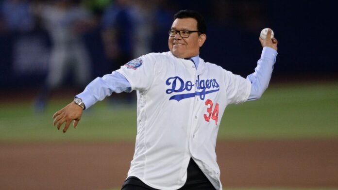 Fernando Valenzuela wearing his former Dodgers jersey