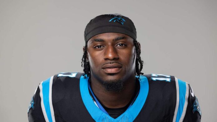 Xavier Legette wearing his Carolina Panthers' jersey